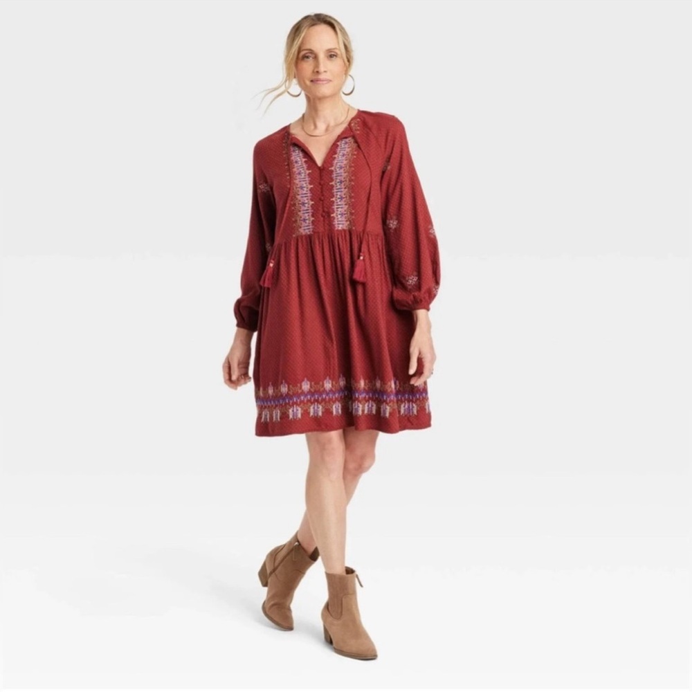 Knox Rose Red Long Sleeve Sundress with V-Neck